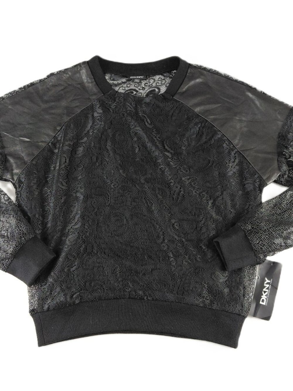 DKNY Leather and Lace Pullover Top Women's Size Small Black Crew Neck Blouse